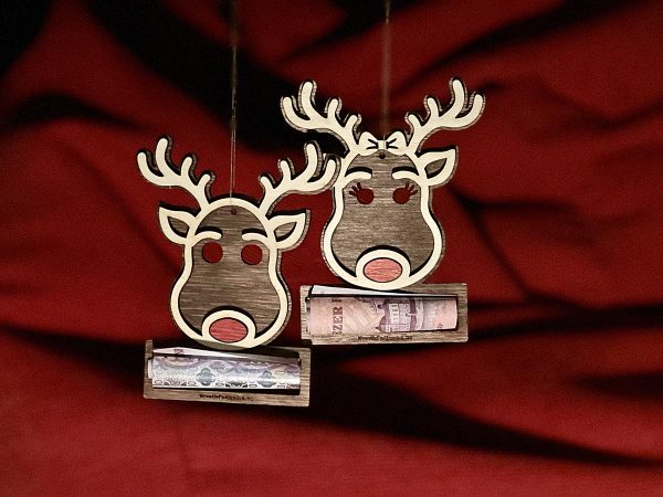 Pénztartó karácsonyfadísz III. rénszarvas fiú-lány